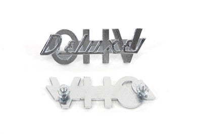 91582-52 OHV" fender emblem set has a nickel finish and includes threaded nuts.